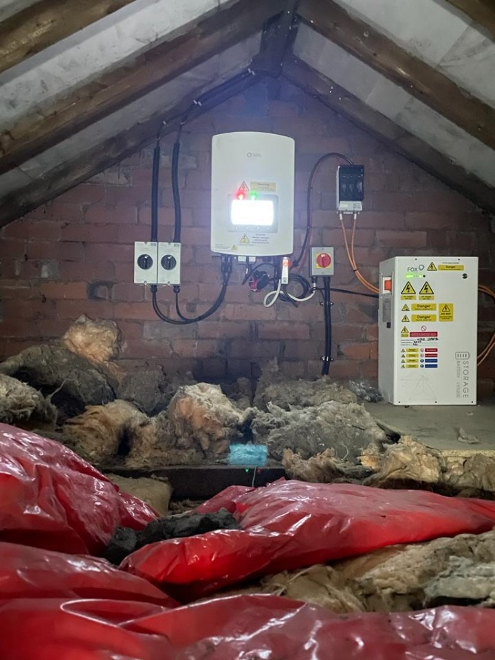 a Solar battery storage box installed in the lof of a house in Darwen, Lancashire